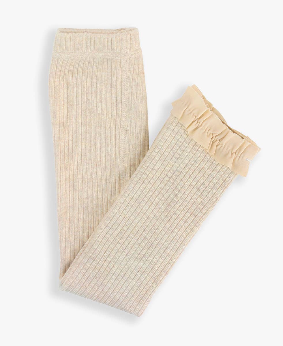 Girls Oatmeal Rib Knit Footless Ruffled Tights - Image 4